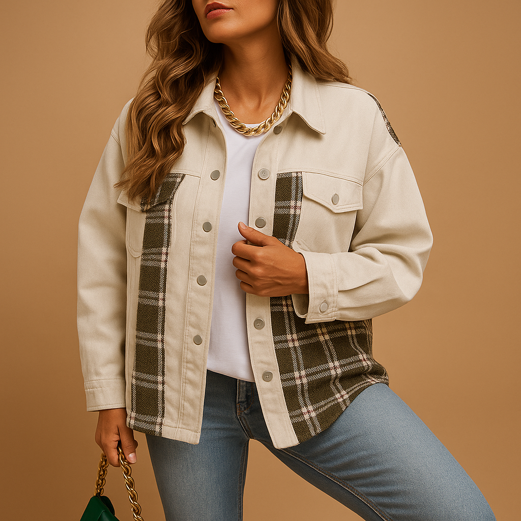 Women’s checked denim-look jacket with a relaxed fit and long sleeves, ideal for casual layering and semi-formal outfits.