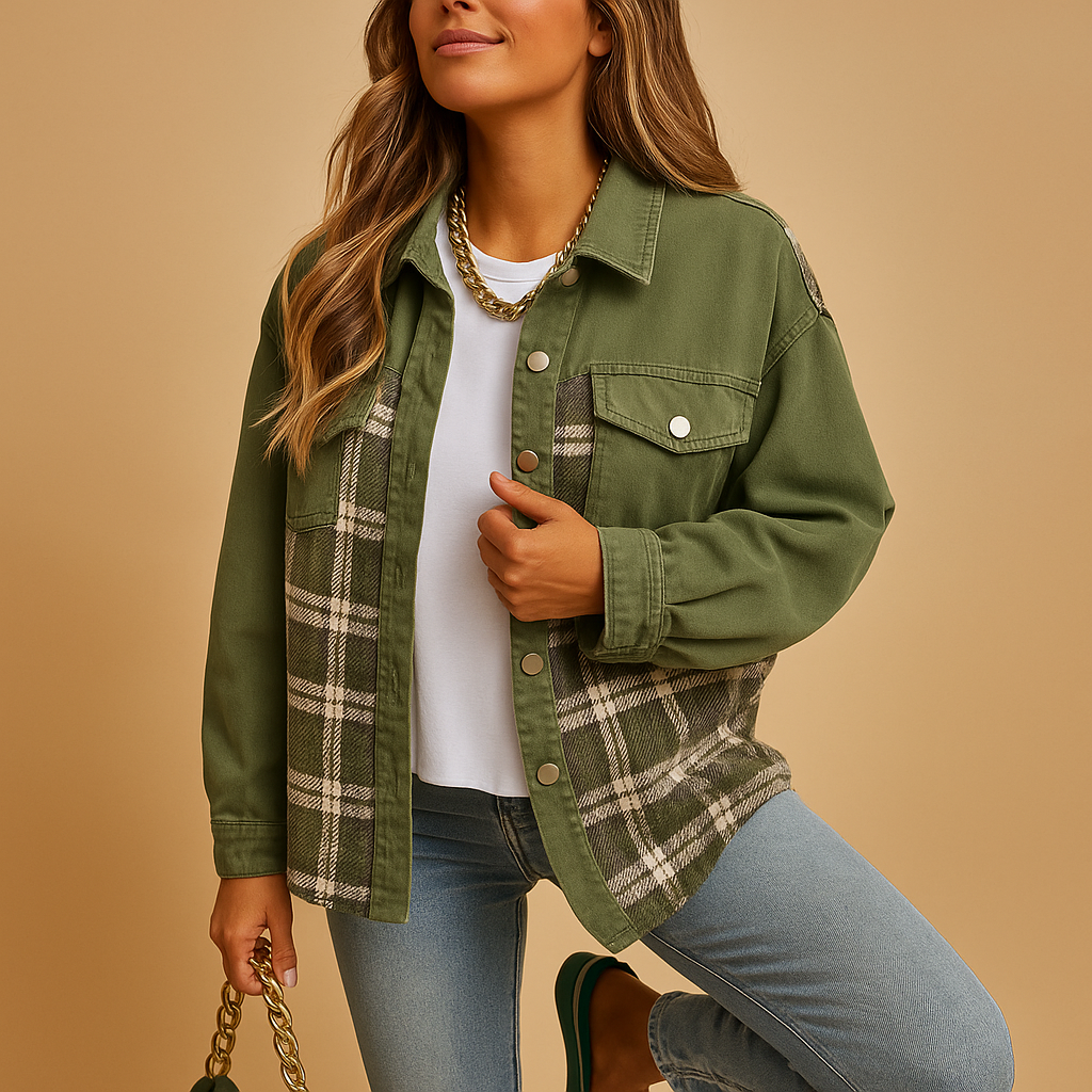 Women’s checked denim-look jacket with a relaxed fit and long sleeves, ideal for casual layering and semi-formal outfits.