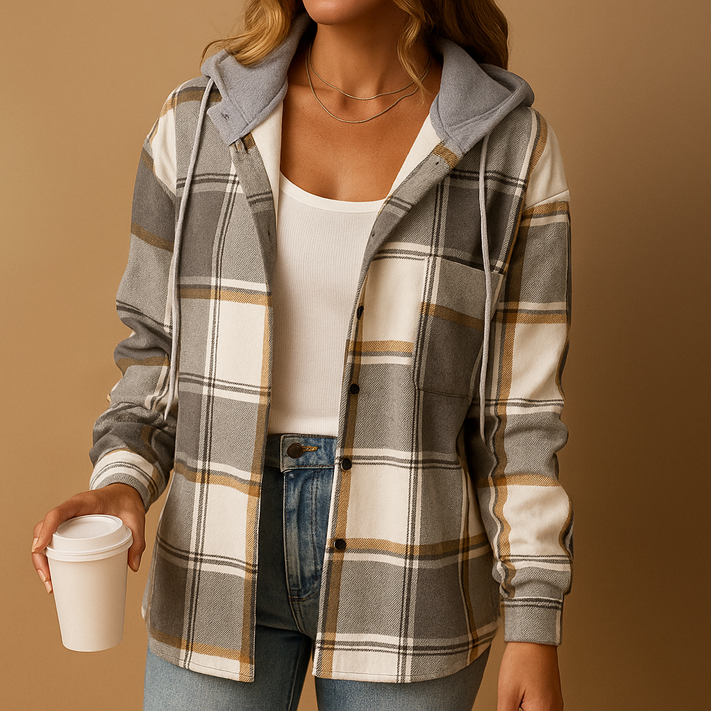 Women’s checked hooded jacket with a relaxed fit and breathable feel, suitable for everyday wear, layering, and casual indoor or outdoor use.