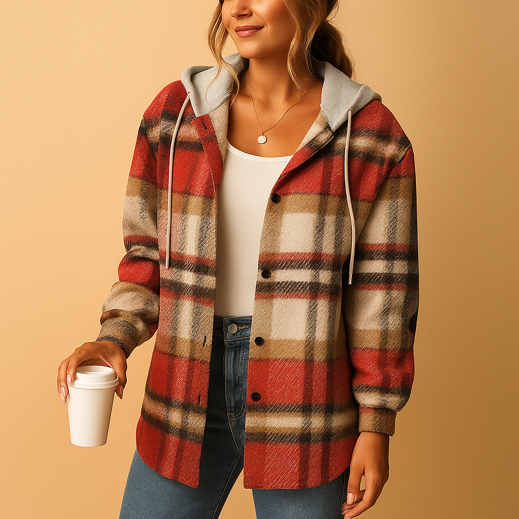 Women’s checked hooded jacket with a relaxed fit and breathable feel, suitable for everyday wear, layering, and casual indoor or outdoor use.