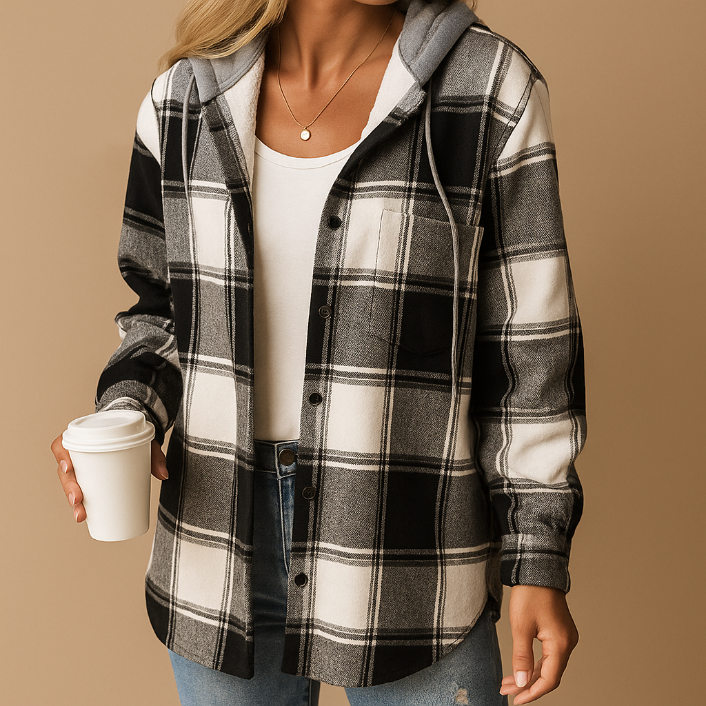 Women’s checked hooded jacket with a relaxed fit and breathable feel, suitable for everyday wear, layering, and casual indoor or outdoor use.