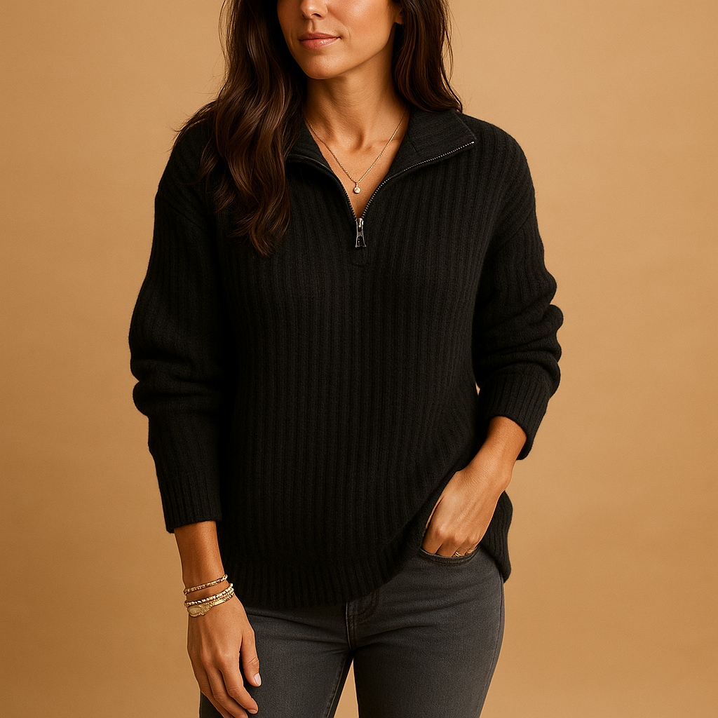 Chic half zip sweater for women with slightly tailored fit and breathable fabric, available in Khaki, Dark Gray, Gray, Blue, and Black.