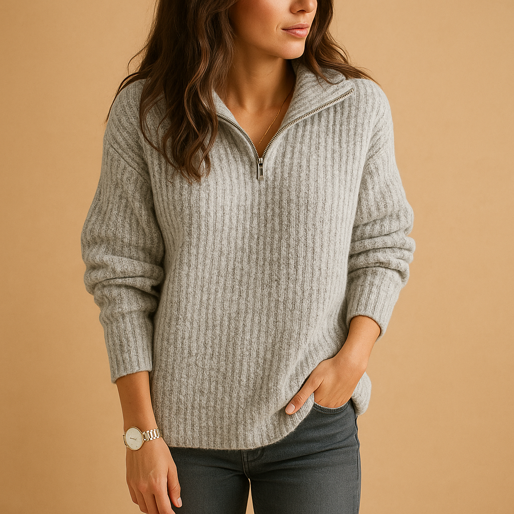 Chic half zip sweater for women with slightly tailored fit and breathable fabric, available in Khaki, Dark Gray, Gray, Blue, and Black.