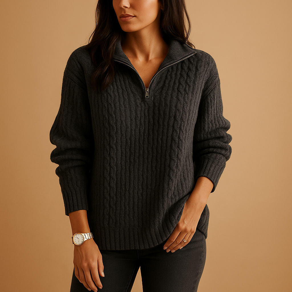 Chic half zip sweater for women with slightly tailored fit and breathable fabric, available in Khaki, Dark Gray, Gray, Blue, and Black.