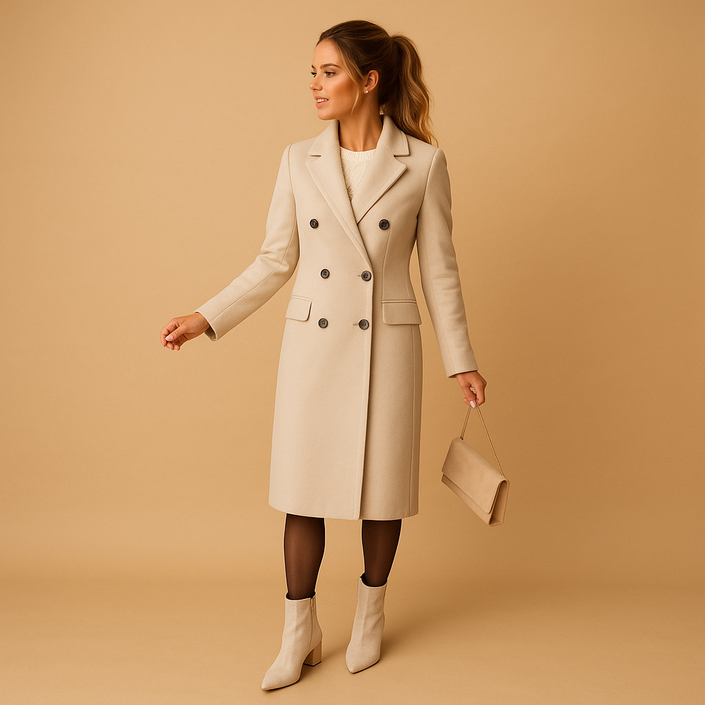 Women’s chic long winter coat with tailored fit and soft lining, suitable for daily wear, work, and casual winter outings.