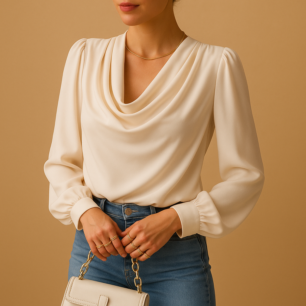 Women’s chiffon blouse with a V-neck and puff sleeves, featuring a relaxed fit and lightweight feel for casual and formal wear.