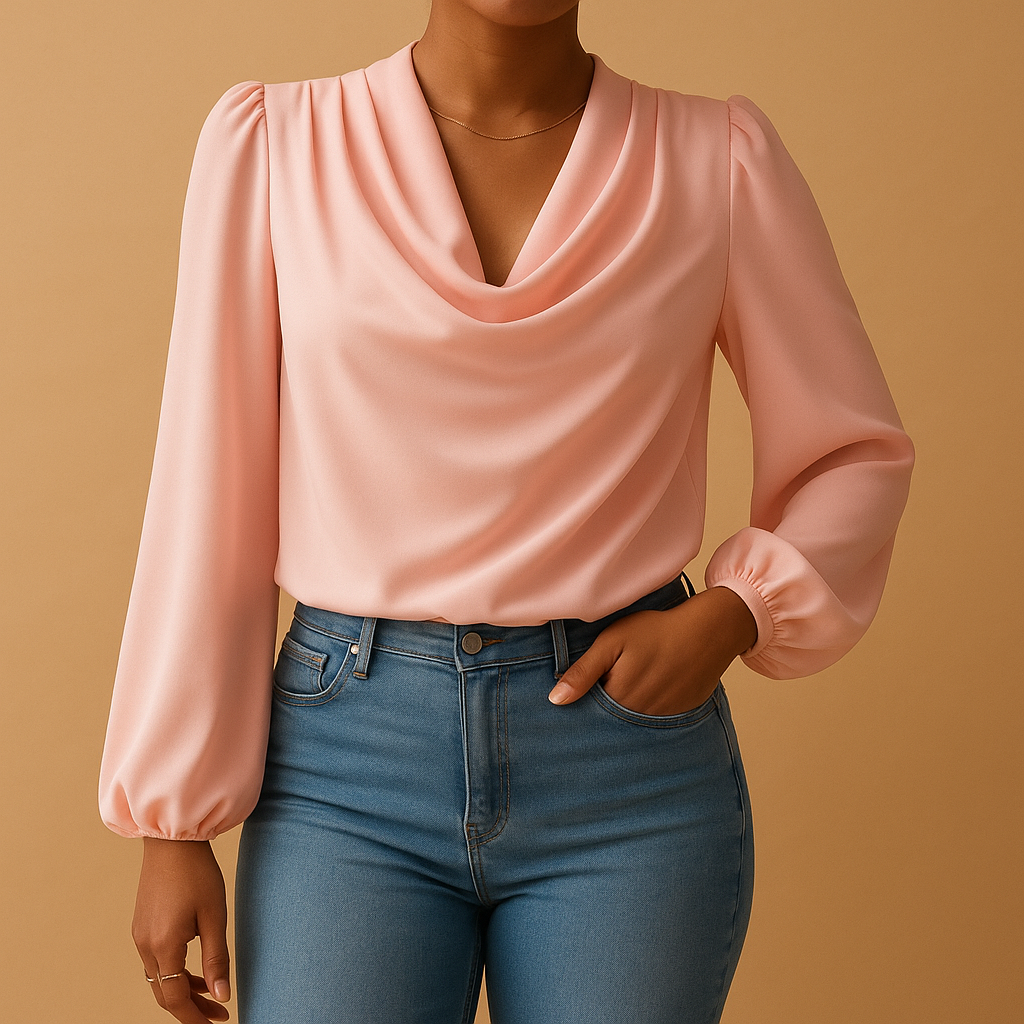 Women’s chiffon blouse with a V-neck and puff sleeves, featuring a relaxed fit and lightweight feel for casual and formal wear.