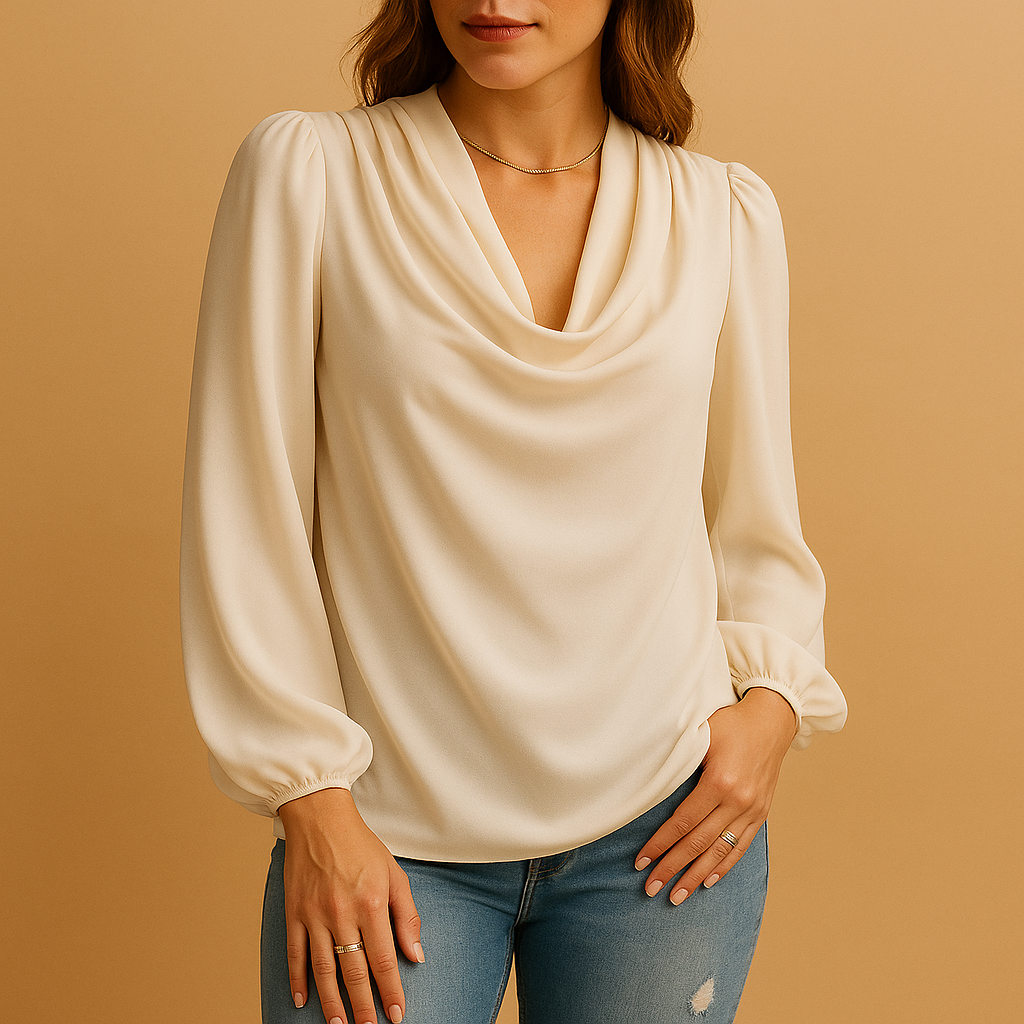 Women’s chiffon blouse with a V-neck and puff sleeves, featuring a relaxed fit and lightweight feel for casual and formal wear.