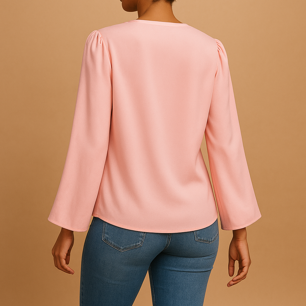 Women’s chiffon blouse with a V-neck and puff sleeves, featuring a relaxed fit and lightweight feel for casual and formal wear.