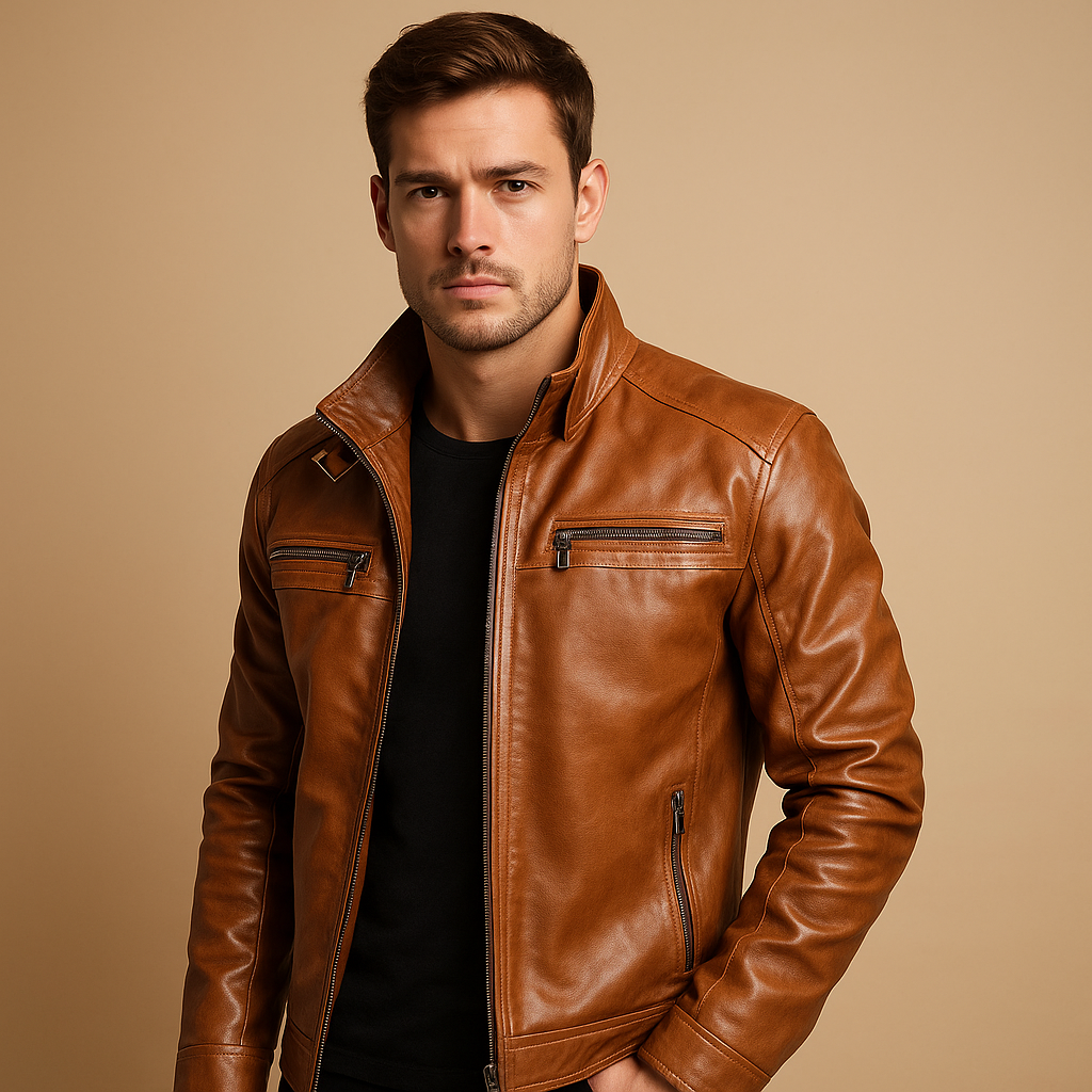 Men’s classic biker jacket with zipper details and shoulder accents, suitable for everyday wear and motorcycle riding.