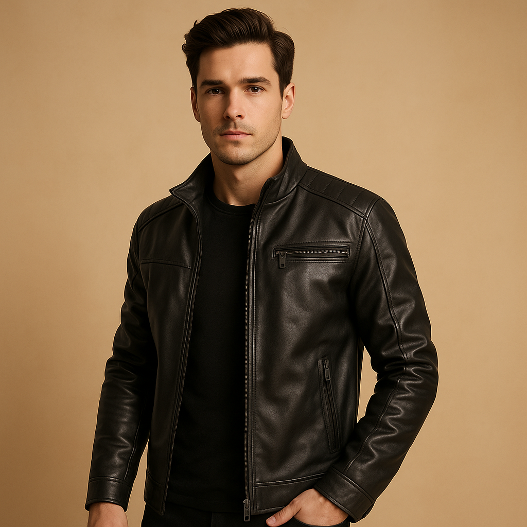 Men’s classic biker jacket with zipper details and shoulder accents, suitable for everyday wear and motorcycle riding.