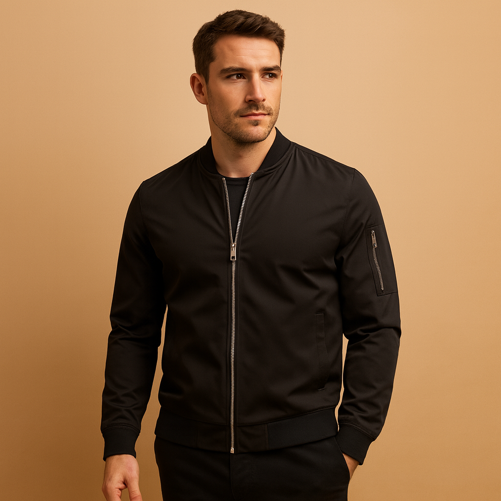 Men’s classic bomber jacket with zip fastening and a lightweight design, suitable for casual outfits, evenings out, and year-round wear.