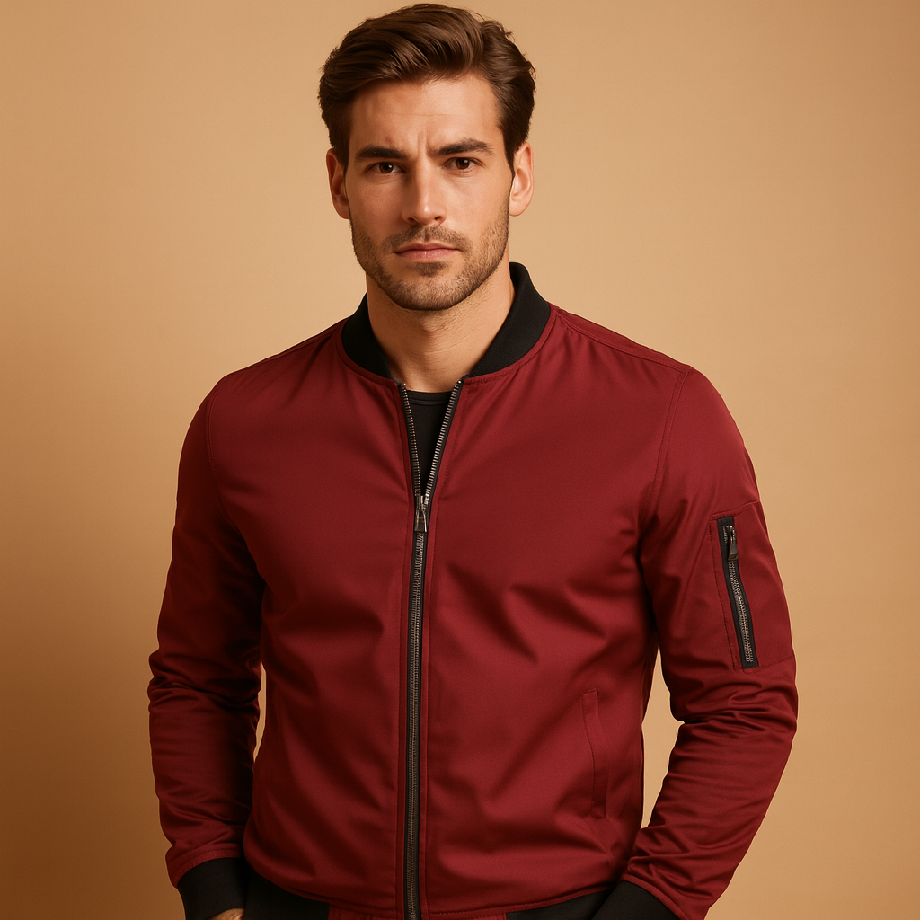 Men’s classic bomber jacket with zip fastening and a lightweight design, suitable for casual outfits, evenings out, and year-round wear.