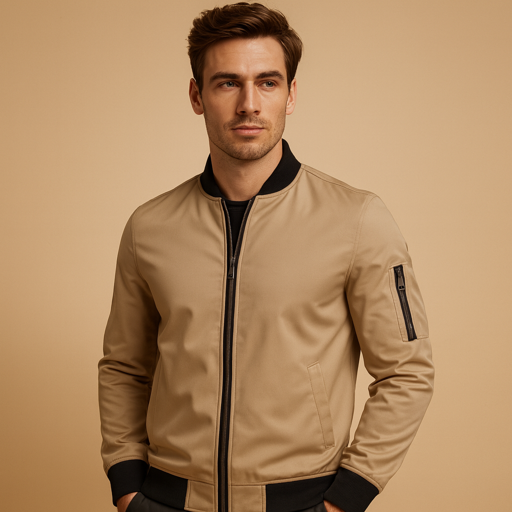 Men’s classic bomber jacket with zip fastening and a lightweight design, suitable for casual outfits, evenings out, and year-round wear.