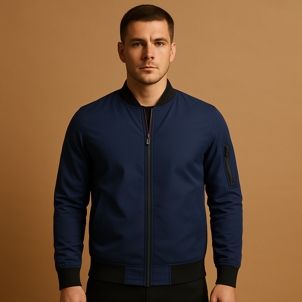 Men’s classic bomber jacket with zip fastening and a lightweight design, suitable for casual outfits, evenings out, and year-round wear.