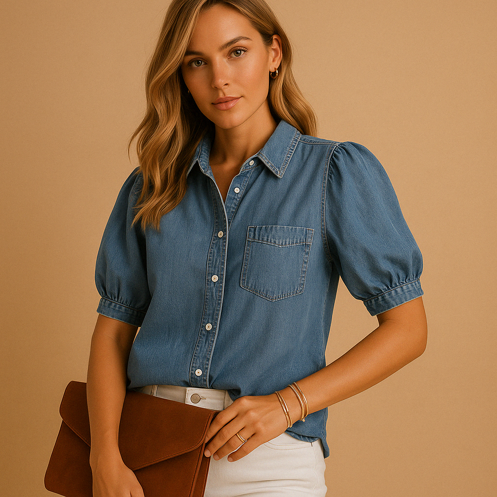 Women’s classic denim blouse with long sleeves and button closure, styled for autumn outfits, workwear, and casual looks.