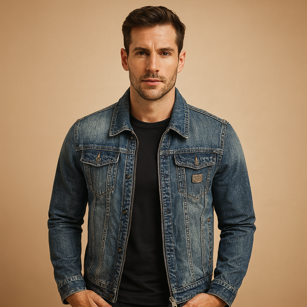 Men’s denim jacket in classic blue with button closure and front pockets, perfect for casual and everyday wear.