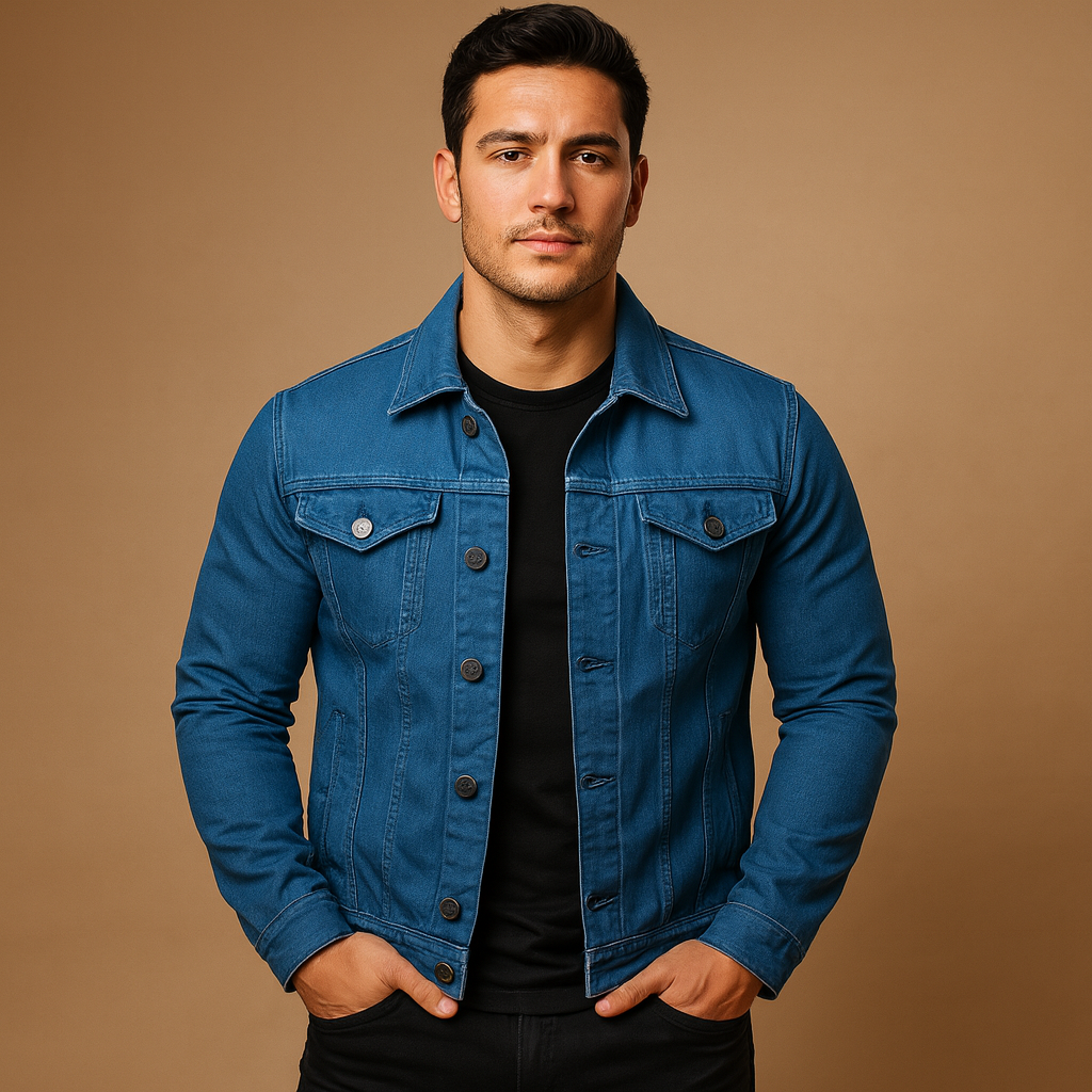 Men’s classic denim jacket with button closure, chest and side pockets, ideal for daily wear or cool summer evenings.