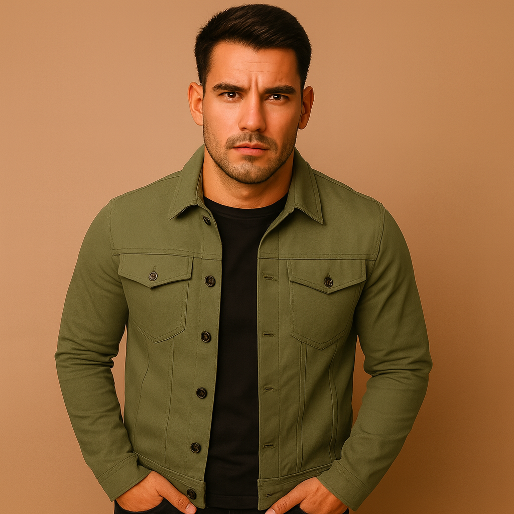 Men’s classic denim jacket with button closure, chest and side pockets, ideal for daily wear or cool summer evenings.