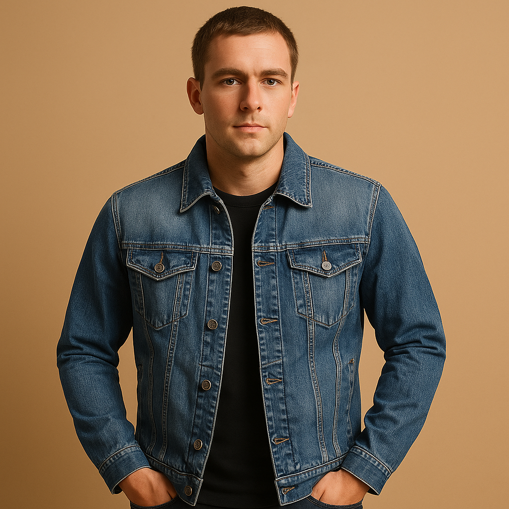 Men’s classic denim jacket in deep blue with a comfortable fit, suitable for daily wear, casual outfits, and cool outdoor days.
