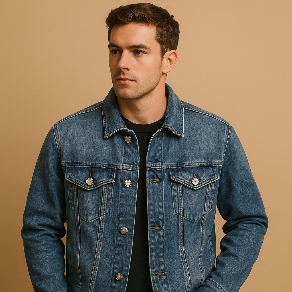 Men’s classic denim jacket in deep blue with a comfortable fit, suitable for daily wear, casual outfits, and cool outdoor days.