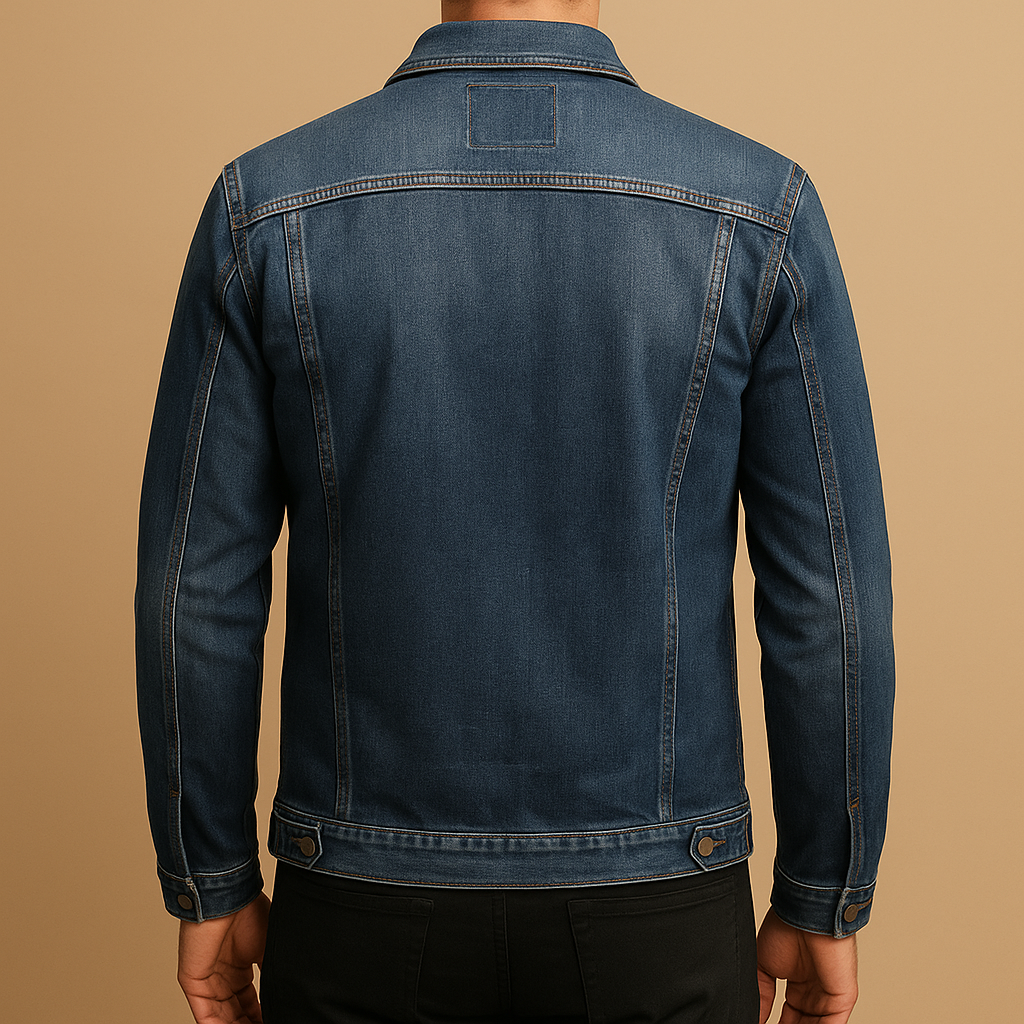 Men’s classic denim jacket in deep blue with a comfortable fit, suitable for daily wear, casual outfits, and cool outdoor days.