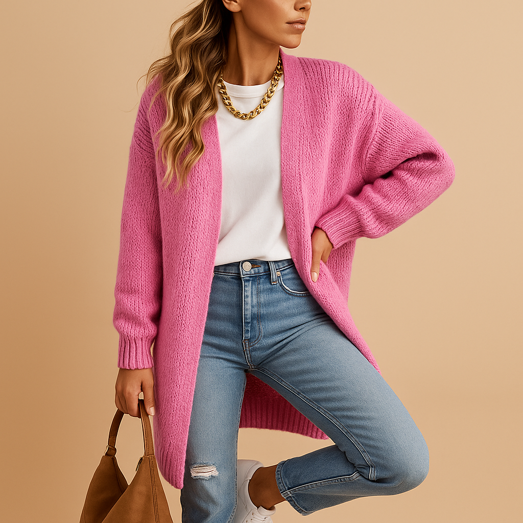 Women's classic knitted cardigan with a relaxed fit and open front, perfect for layering, casual wear, or cozy winter evenings.