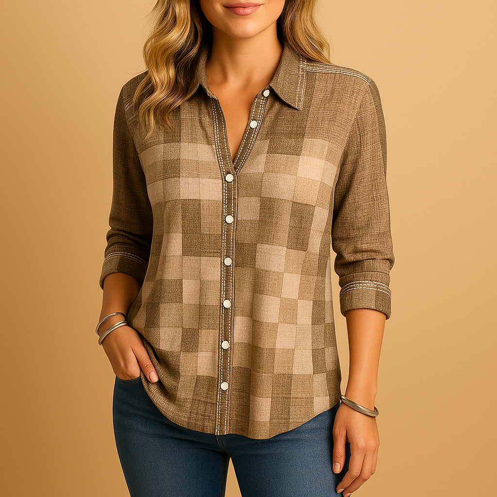 Women’s classic plaid blouse with a relaxed fit and breathable design, suitable for everyday wear and semi-formal occasions.