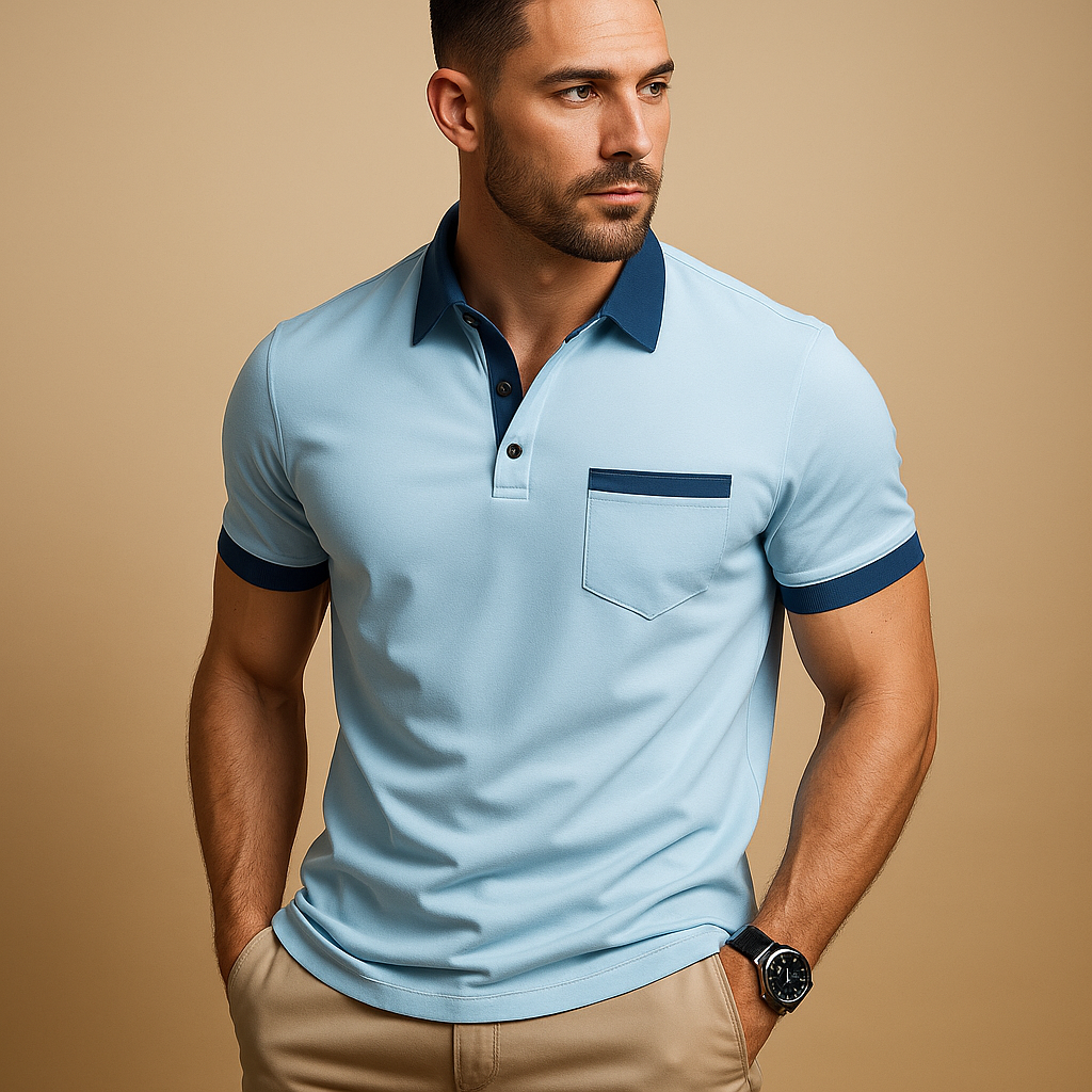 Men’s classic short sleeve polo shirt with button collar in navy blue, black, white, and more, ideal for casual and formal wear.