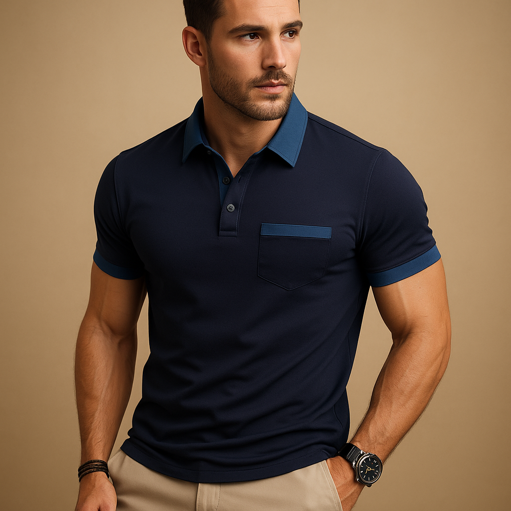 Men’s classic short sleeve polo shirt with button collar in navy blue, black, white, and more, ideal for casual and formal wear.