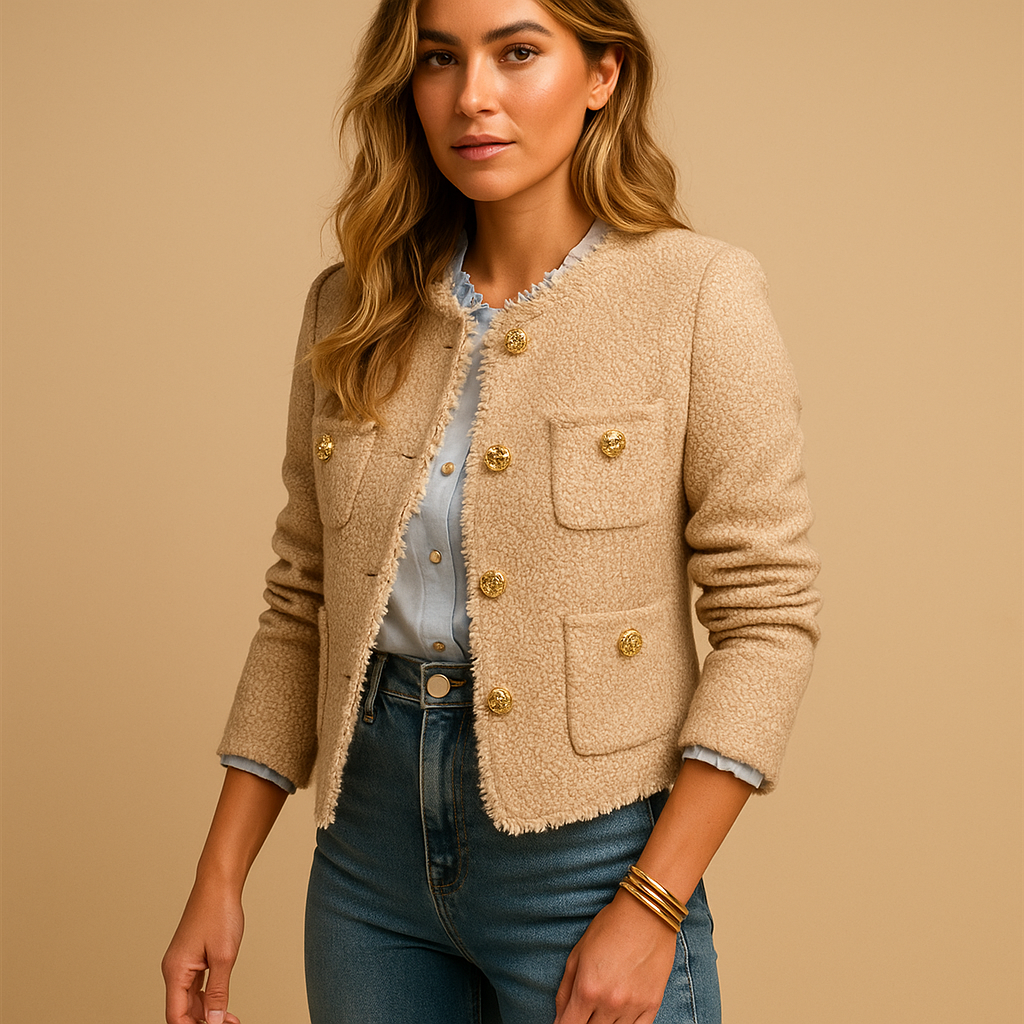 Women’s classic tweed blazer with a structured fit, button closure, and refined collar, suitable for business wear and casual chic styling.