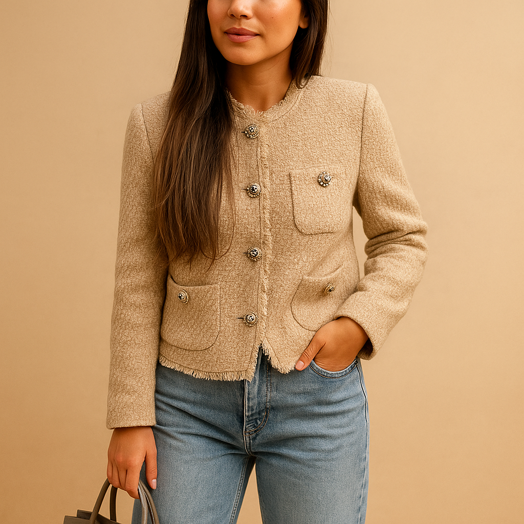 Women’s classic tweed blazer with a structured fit, button closure, and refined collar, suitable for business wear and casual chic styling.