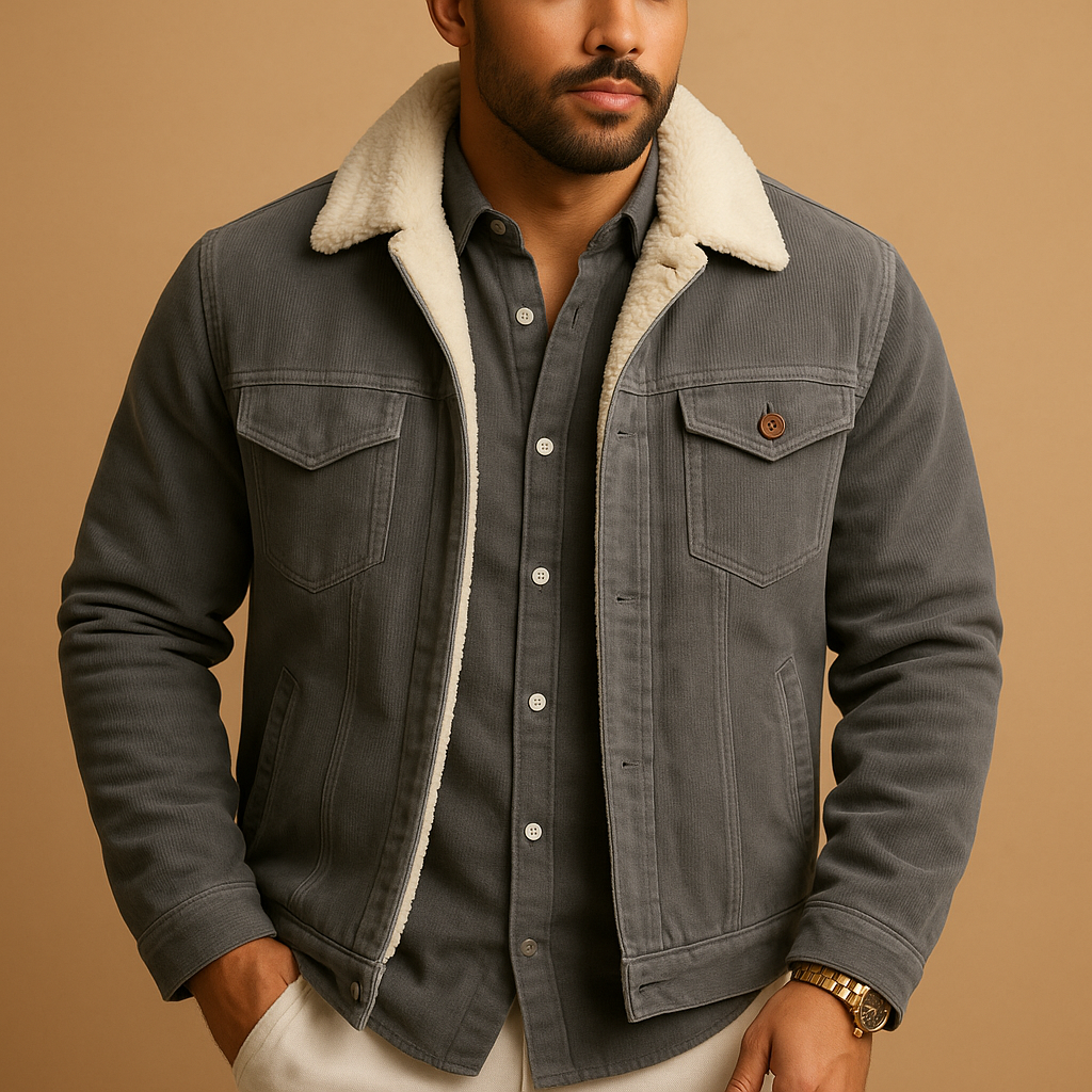 Men’s corduroy jacket with slim fit and soft durable texture, suitable for casual and formal outfits.