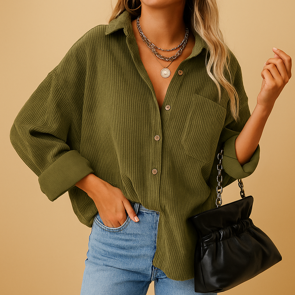 Women’s corduroy knit jacket with a relaxed fit and ribbed knit details, suitable for autumn, winter layering, and cool spring or summer evenings.