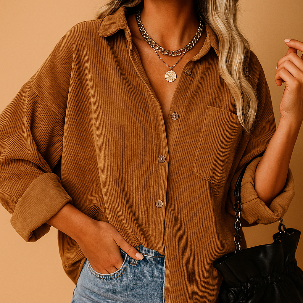 Women’s corduroy knit jacket with a relaxed fit and ribbed knit details, suitable for autumn, winter layering, and cool spring or summer evenings.