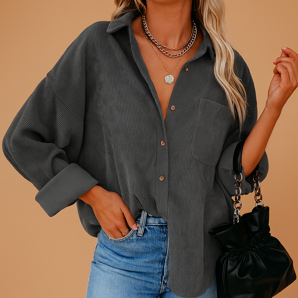 Women’s corduroy knit jacket with a relaxed fit and ribbed knit details, suitable for autumn, winter layering, and cool spring or summer evenings.