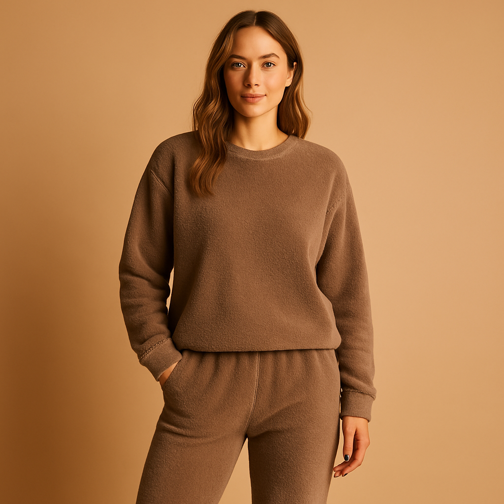 Women’s cozy pajama set with long-sleeve top and matching pants, perfect for sleeping, lounging, or relaxing at home.