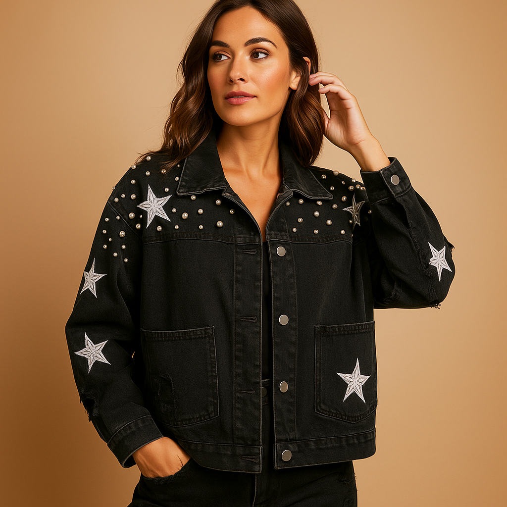 Women’s cropped denim jacket with a relaxed fit, classic button closure, and front pockets, ideal for everyday wear and seasonal layering.