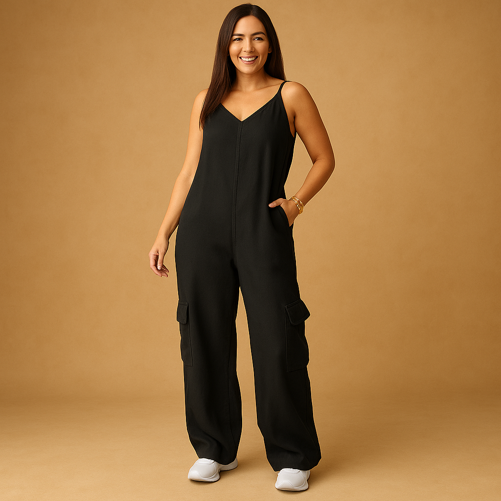Women’s denim jumpsuit with V-neckline and open back featuring crossed straps, perfect for summer, festivals, and casual outings.