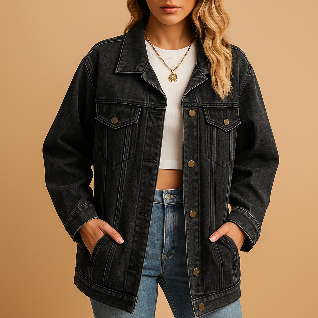 Women’s denim winter jacket with button closure and slim fit, suitable for everyday wear, winter outings, and festive occasions.