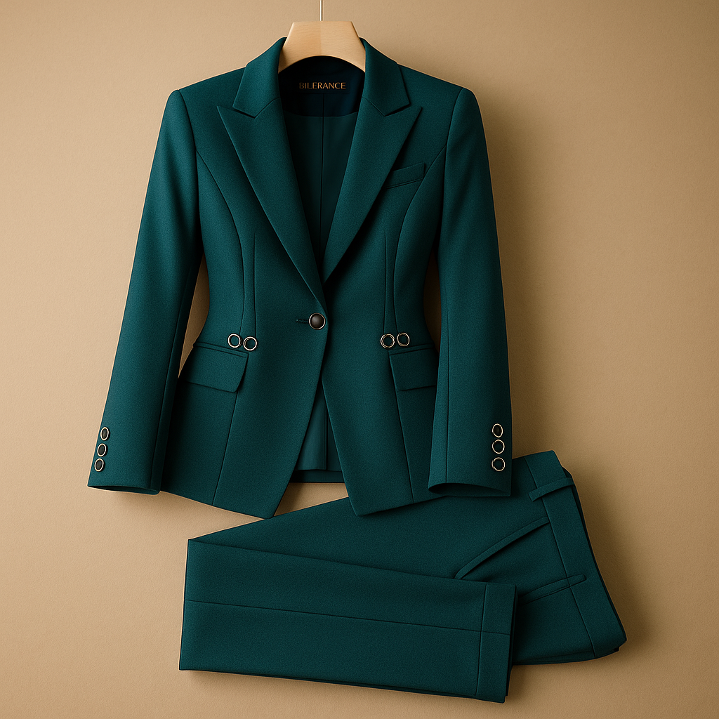 Women’s elegant blazer and trousers set with a tailored fit, perfect for business meetings, workdays, or formal occasions.