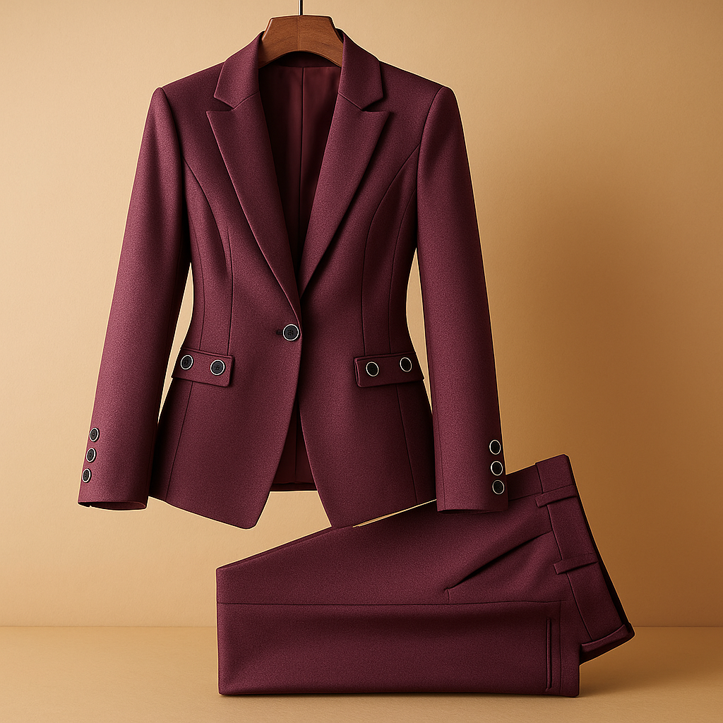 Women’s elegant blazer and trousers set with a tailored fit, perfect for business meetings, workdays, or formal occasions.