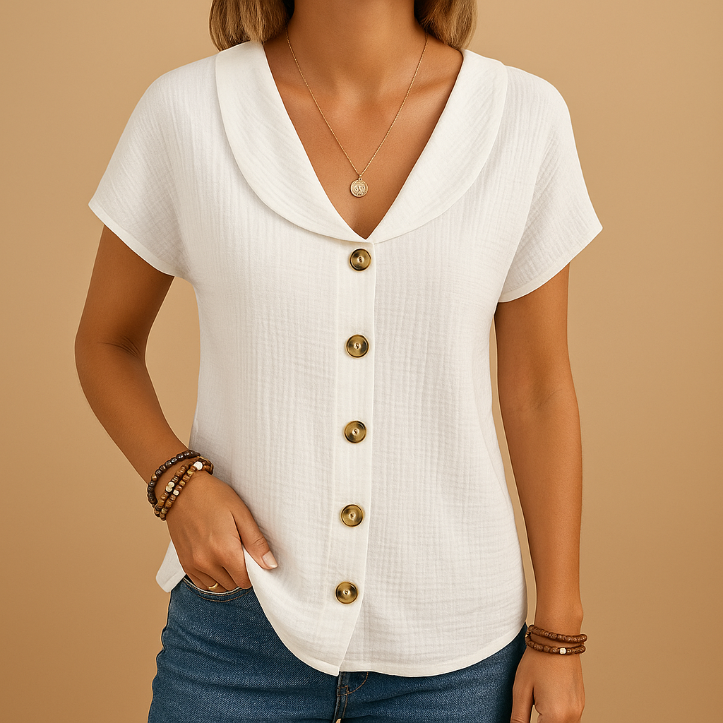 Women’s elegant button-up blouse with a classic collar and comfortable fit, suitable for casual looks and semi-formal outfits.