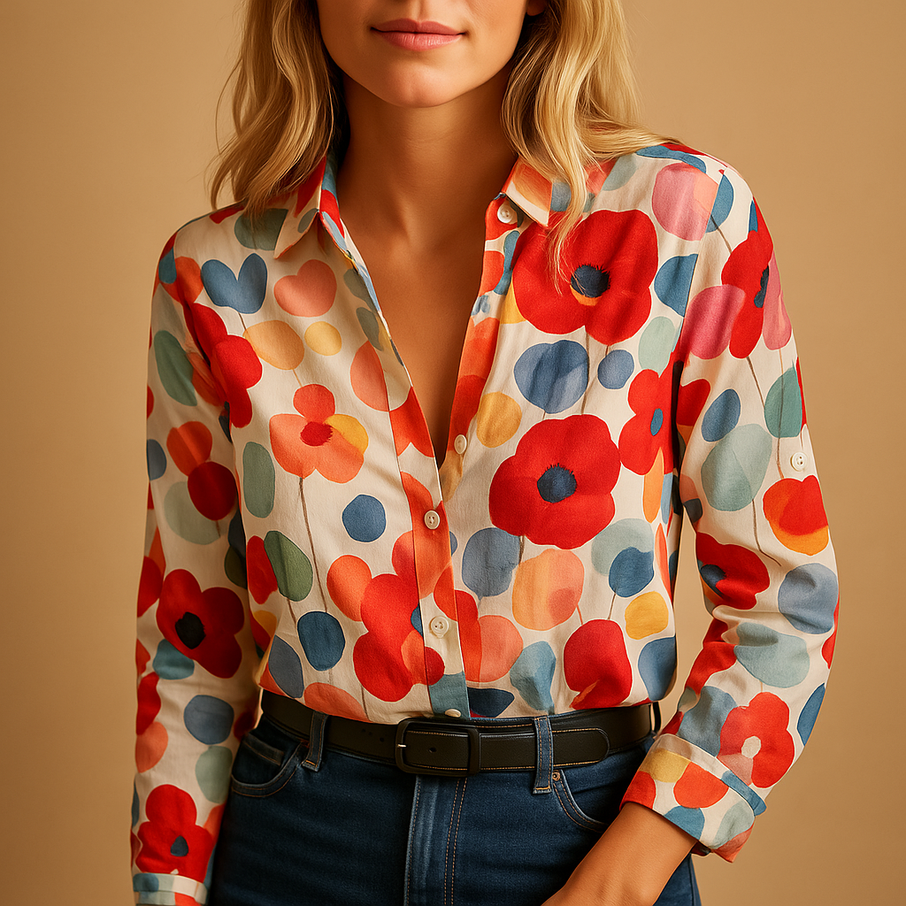 Women’s elegant floral spring blouse with a flattering fit and vibrant red floral pattern, suitable for casual wear and office outfits.
