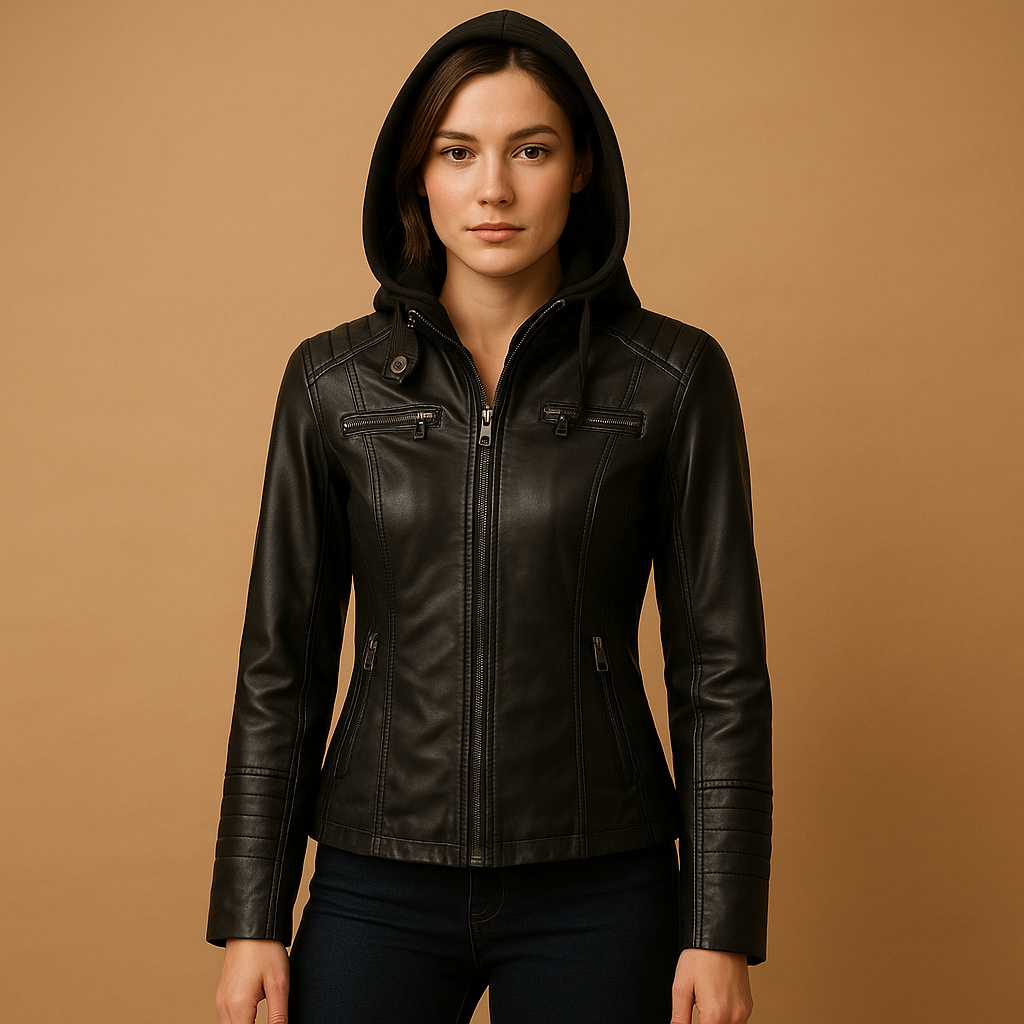 Women’s elegant hooded jacket with a tailored fit, detachable knitted hood, and double zipper, suitable for daily wear, city trips, and evening outings.