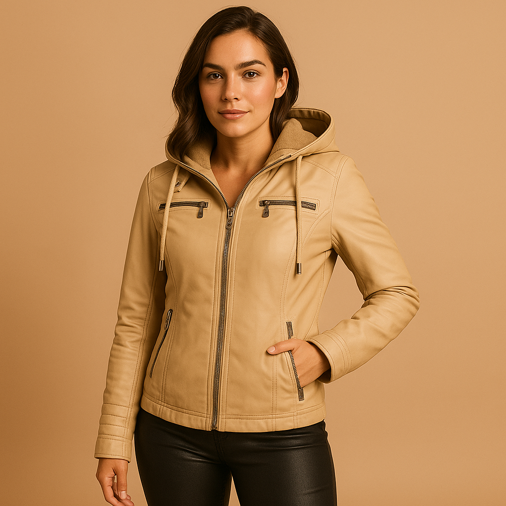 Women’s elegant hooded jacket with a tailored fit, detachable knitted hood, and double zipper, suitable for daily wear, city trips, and evening outings.