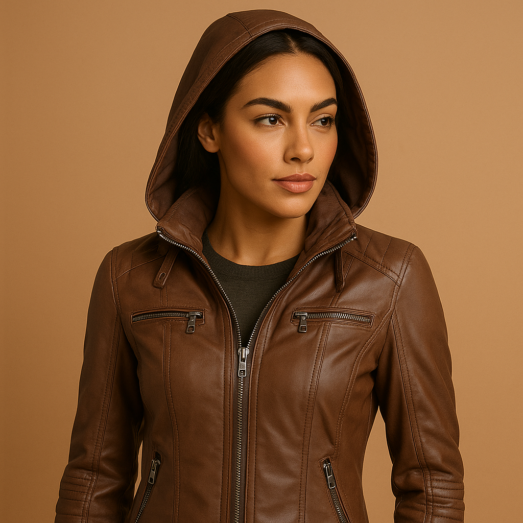 Women’s elegant hooded jacket with a tailored fit, detachable knitted hood, and double zipper, suitable for daily wear, city trips, and evening outings.