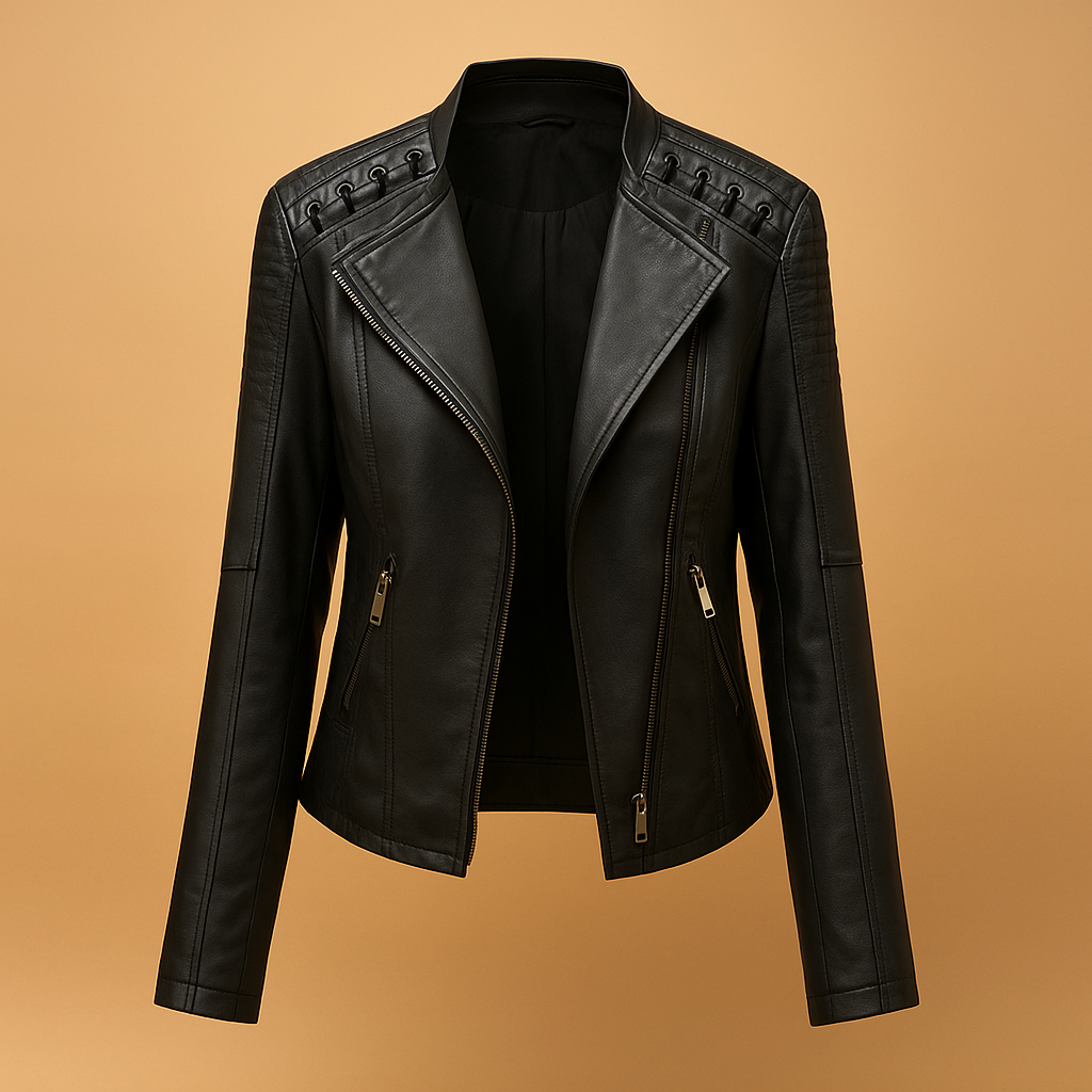 Women’s elegant jacket with a smooth fit, stand-up collar, and silver zipper details, suitable for casual and polished spring and autumn looks.
