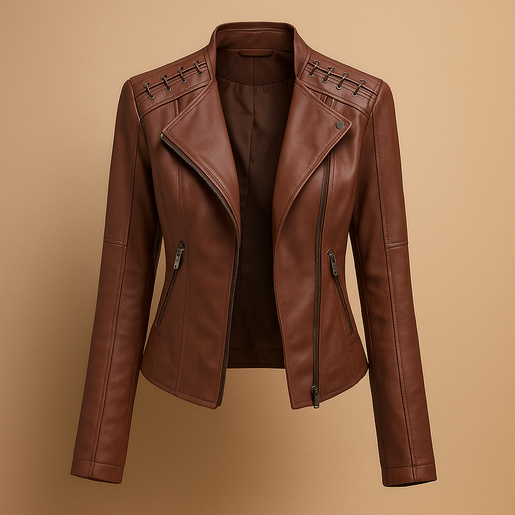 Women’s elegant jacket with a smooth fit, stand-up collar, and silver zipper details, suitable for casual and polished spring and autumn looks.