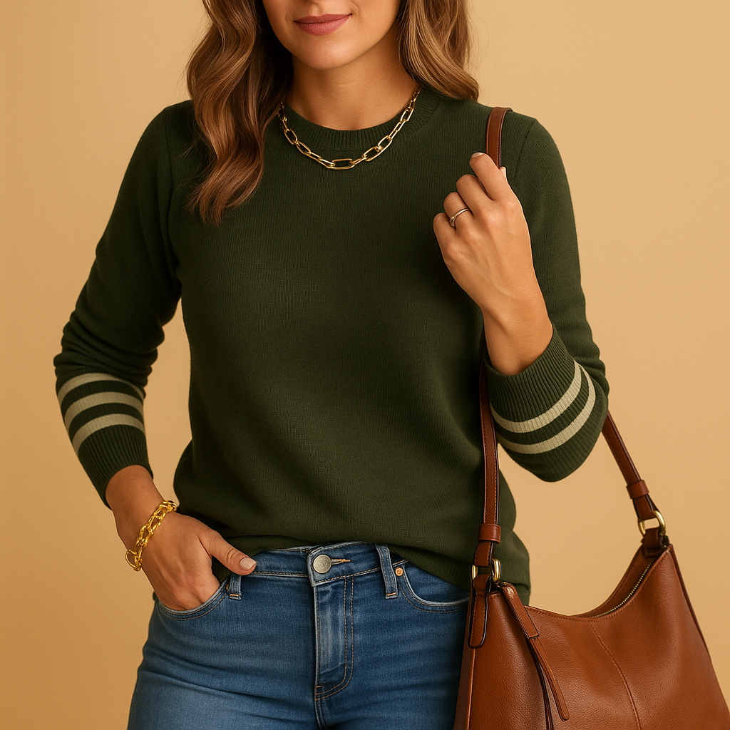 Women’s elegant knitted sweater with striped sleeves, relaxed flattering fit, and breathable knit fabric, perfect for casual or stylish transitional looks.